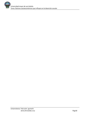 Universidad mayor de san Andrés
Tema: factores socioeconómicos que influyen en la deserción escolar
Universitarias: Yola saire guarachi
Jenny fernandez cruz Pág.60
 