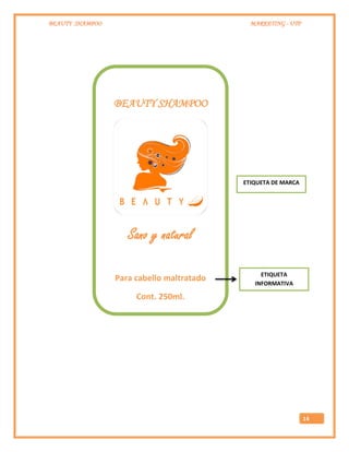 BEAUTY SHAMPOO MARKETING - UTP
14
BEAUTY SHAMPOO
Sano y natural
Para cabello maltratado
Cont. 250ml.
ETIQUETA DE MARCA
ETIQUETA
INFORMATIVA
 