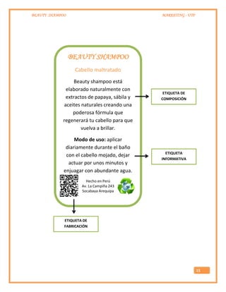 BEAUTY SHAMPOO MARKETING - UTP
15
BEAUTY SHAMPOO
Cabello maltratado
Beauty shampoo está
elaborado naturalmente con
extractos de papaya, sábila y
aceites naturales creando una
poderosa fórmula que
regenerará tu cabello para que
vuelva a brillar.
Modo de uso: aplicar
diariamente durante el baño
con el cabello mojado, dejar
actuar por unos minutos y
enjuagar con abundante agua.
Hecho en Perú
Av. La Campiña 243
Socabaya Arequipa
ETIQUETA DE
COMPOSICIÓN
ETIQUETA
INFORMATIVA
ETIQUETA DE
FABRICACIÓN
 