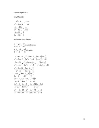 División Algebraica

Simplificación

   x 2  16     x4
              
x  8 x  16 x  4
 2


4 x 2  20 x    4x
             
x  4x  5 x 1
 2

3a  9b 3
           
6a  18b 6

Multiplicación y división

a  c ac
    *    multiplica ción
b  d bd
a  c  ad
         división
b  d  bc

x 2  6 x  9 x 2  6 x  5  x  3x  5
                             
x 2  7 x  12 3 x 2  2 x  1 x  4 3 x  1
 7 x  21 x 2  5 xy  4 y 2    7 x  1 y 
                            
x  16 y
 2       2
             4 x  11x  3  x  4 y 4 x  1
                2


x 2  3 x  10 2 x  10 2
                         
   x 2  25       6 x  12 6
 x  4 4 x  8 4 x  2 
                    
2 x  8 x 2  16          2
3 x  15 12 x  18  x  54
                      
  x3        4 x  12     4x  6
4 x  9 2 x  3 2 x  32 x  3 y 
    2
                      
 x  3y 2x  6 y              x  3y
x 2  14 x  15 x 2  12 x  45 x  1
                              
x 2  4 x  45 x 2  6 x  27 x  5




                                                   11
 