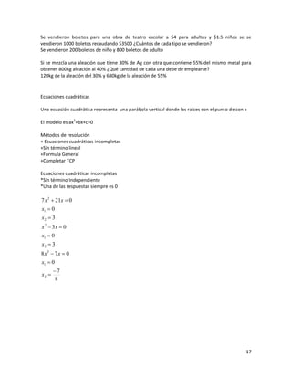 Se vendieron boletos para una obra de teatro escolar a $4 para adultos y $1.5 niños se se
vendieron 1000 boletos recaudando $3500 ¿Cuántos de cada tipo se vendieron?
Se vendieron 200 boletos de niño y 800 boletos de adulto

Si se mezcla una aleación que tiene 30% de Ag con otra que contiene 55% del mismo metal para
obtener 800kg aleación al 40% ¿Qué cantidad de cada una debe de emplearse?
120kg de la aleación del 30% y 680kg de la aleación de 55%



Ecuaciones cuadráticas

Una ecuación cuadrática representa una parábola vertical donde las raíces son el punto de con x

El modelo es ax2+bx+c=0

Métodos de resolución
+ Ecuaciones cuadráticas incompletas
+Sin término lineal
+Formula General
+Completar TCP

Ecuaciones cuadráticas incompletas
*Sin término Independiente
*Una de las respuestas siempre es 0

7 x 2  21x  0
x1  0
x2  3
x 2  3x  0
x1  0
x2  3
8x 2  7 x  0
x1  0
       7
x2 
       8




                                                                                              17
 