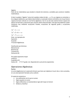 Algebra
Parte de las matemáticas que estudia la relación de números y variables para construir modelos
matemáticos.

Si bien la palabra "álgebra" viene de la palabra árabe (al-Jabr, ‫ ,)ال ج بر‬sus orígenes se remontan a
los antiguos babilonios, que habían desarrollado un avanzado sistema aritmético con el que fueron
capaces de hacer cálculos en una forma algebraica. Con el uso de este sistema fueron capaces de
aplicar las fórmulas y soluciones para calcular valores desconocidos. Este tipo de problemas suelen
resolverse hoy mediante ecuaciones lineales, ecuaciones de segundo grado y ecuaciones
indefinidas.

3x 3  1 
         
3x 2  5  0 
             
3x 2  7  y 
             
Estos son ejemplos de
Expresión
Ecuación
Y Función Algebraicas

Clasificación por términos
Monomio (1)
Binomio (2)
Trinomio (3)
Polinomio (4)

Por grado exponente mayor
Lineal (1)
Cuadrático (2)
Cubico (3)    4° 5° 6° grado etc. Depende de la suma de los exponentes


Operaciones Algebraicas
Suma
La suma (algebraica) es la operación binaria que tiene por objetivo el reunir dos o más sumandos,
en una sola expresión llamada suma o adición.

El modo de resolverla es
     Los coeficientes son lo que se suman
     Signos iguales se suman
     Signos diferentes se restan(ordenar signo del mayor al menor)
     Ordenar y Clasificar




                                                                                                   3
 