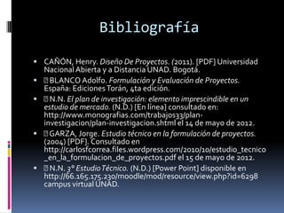 Bibliografía

 CAÑÓN, Henry. Diseño De Proyectos. (2011). [PDF] Universidad
    Nacional Abierta y a Distancia UNAD. Bogotá.
    BLANCO Adolfo. Formulación y Evaluación de Proyectos.
    España: Ediciones Torán, 4ta edición.
    N.N. El plan de investigación: elemento imprescindible en un
    estudio de mercado. (N.D.) [En línea] consultado en:
    http://www.monografias.com/trabajos33/plan-
    investigacion/plan-investigacion.shtml el 14 de mayo de 2012.
    GARZA, Jorge. Estudio técnico en la formulación de proyectos.
    (2004) [PDF]. Consultado en
    http://carlosfcorrea.files.wordpress.com/2010/10/estudio_tecnico
    _en_la_formulacion_de_proyectos.pdf el 15 de mayo de 2012.
    N.N. 3° Estudio Técnico. (N.D.) [Power Point] disponible en
    http://66.165.175.230/moodle/mod/resource/view.php?id=6298
    campus virtual UNAD.
 
