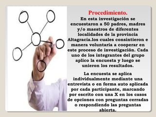 Procedimiento.
En esta investigación se
encuestaron a 50 padres, madres
y/o maestros de diferentes
localidades de la provincia
Altagracia.los cuales consintieron e
manera voluntaria a cooperar en
este proceso de investigación. Cada
uno de los integrantes del grupo
aplico la encuesta y luego se
unieron los resultados.
La encuesta se aplica
individualmente mediante una
entrevista o en forma auto aplicada
por cada participante, marcando
por escrito con una X en los casos
de opciones con preguntas cerradas
o respondiendo las preguntas
abierta.
 