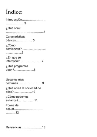 Índice:
Introducción……………………
……………… 3
¿Qué son?
………………………………...4
Características
básicas…………….. 5
¿Cómo
comienzan?.............................
...................6
¿En que se
interesan?...........................7
¿Qué programas
usan?........................8
Usuarios mas
comunes…………………….9
¿Qué opina la sociedad de
ellos?......................10
¿Cómo podemos
evitarlos?...................11
Forma de
actuar…………………………
……….12
Referencias…………………13
 