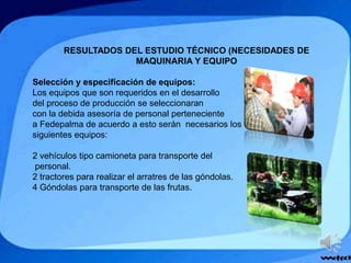 RESULTADOS DEL ESTUDIO TÉCNICO (NECESIDADES DE
MAQUINARIA Y EQUIPO
Selección y especificación de equipos:
Los equipos que son requeridos en el desarrollo
del proceso de producción se seleccionaran
con la debida asesoría de personal perteneciente
a Fedepalma de acuerdo a esto serán necesarios los
siguientes equipos:
2 vehículos tipo camioneta para transporte del
personal.
2 tractores para realizar el arratres de las góndolas.
4 Góndolas para transporte de las frutas.
 