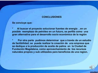 CONCLUSIONES
Se concluye que:
* Al buscar el proyecto solucionar fuentes de energía , en un
posible reemplazo de petróleo en un futuro, se perfila como una
gran alternativa para el desarrollo socio económico de la región
* Por otra parte pudimos determinar que a través de un estudio
de factibilidad; se puede realizar la creación de una empresa que
se dedique a la producción de aceite de palma en la Ciudad de
Fundación Magdalena, como aprovechamiento de los recursos
naturales propios y sub utilizados para beneficios de una region.
 