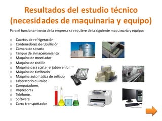 Resultados del estudio técnico
(necesidades de maquinaria y equipo)
Para el funcionamiento de la empresa se requiere de la siguiente maquinaria y equipo:
o Cuartos de refrigeración
o Contenedores de Ebullición
o Cámara de secado
o Tanque de almacenamiento
o Maquina de mezclador
o Maquina de rodillo
o Maquina para cortar el jabón en barra
o Máquina de timbrado
o Maquina automática de sellado
o Laboratorio químico
o Computadores
o Impresoras
o Teléfonos
o Software
o Carro transportador
 