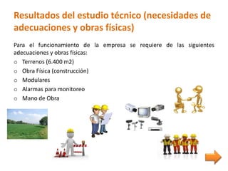Resultados del estudio técnico (necesidades de
adecuaciones y obras físicas)
Para el funcionamiento de la empresa se requiere de las siguientes
adecuaciones y obras físicas:
o Terrenos (6.400 m2)
o Obra Física (construcción)
o Modulares
o Alarmas para monitoreo
o Mano de Obra
 