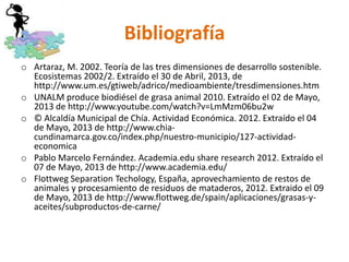 Bibliografía
o Artaraz, M. 2002. Teoría de las tres dimensiones de desarrollo sostenible.
Ecosistemas 2002/2. Extraído el 30 de Abril, 2013, de
http://www.um.es/gtiweb/adrico/medioambiente/tresdimensiones.htm
o UNALM produce biodiésel de grasa animal 2010. Extraído el 02 de Mayo,
2013 de http://www.youtube.com/watch?v=LmMzm06bu2w
o © Alcaldía Municipal de Chía. Actividad Económica. 2012. Extraído el 04
de Mayo, 2013 de http://www.chia-
cundinamarca.gov.co/index.php/nuestro-municipio/127-actividad-
economica
o Pablo Marcelo Fernández. Academia.edu share research 2012. Extraído el
07 de Mayo, 2013 de http://www.academia.edu/
o Flottweg Separation Techology, España, aprovechamiento de restos de
animales y procesamiento de residuos de mataderos, 2012. Extraido el 09
de Mayo, 2013 de http://www.flottweg.de/spain/aplicaciones/grasas-y-
aceites/subproductos-de-carne/
 