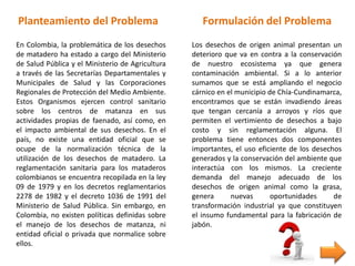 Planteamiento del Problema
En Colombia, la problemática de los desechos
de matadero ha estado a cargo del Ministerio
de Salud Pública y el Ministerio de Agricultura
a través de las Secretarías Departamentales y
Municipales de Salud y las Corporaciones
Regionales de Protección del Medio Ambiente.
Estos Organismos ejercen control sanitario
sobre los centros de matanza en sus
actividades propias de faenado, así como, en
el impacto ambiental de sus desechos. En el
país, no existe una entidad oficial que se
ocupe de la normalización técnica de la
utilización de los desechos de matadero. La
reglamentación sanitaria para los mataderos
colombianos se encuentra recopilada en la ley
09 de 1979 y en los decretos reglamentarios
2278 de 1982 y el decreto 1036 de 1991 del
Ministerio de Salud Pública. Sin embargo, en
Colombia, no existen políticas definidas sobre
el manejo de los desechos de matanza, ni
entidad oficial o privada que normalice sobre
ellos.
Formulación del Problema
Los desechos de origen animal presentan un
deterioro que va en contra a la conservación
de nuestro ecosistema ya que genera
contaminación ambiental. Si a lo anterior
sumamos que se está ampliando el negocio
cárnico en el municipio de Chía-Cundinamarca,
encontramos que se están invadiendo áreas
que tengan cercanía a arroyos y ríos que
permiten el vertimiento de desechos a bajo
costo y sin reglamentación alguna. El
problema tiene entonces dos componentes
importantes, el uso eficiente de los desechos
generados y la conservación del ambiente que
interactúa con los mismos. La creciente
demanda del manejo adecuado de los
desechos de origen animal como la grasa,
genera nuevas oportunidades de
transformación industrial ya que constituyen
el insumo fundamental para la fabricación de
jabón.
 