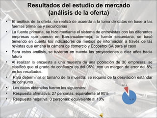 Resultados del estudio de mercado
                   (análisis de la oferta)
•   El análisis de la oferta, se realizó de acuerdo a la toma de datos en base a las
    fuentes primarias y secundarias
•   La fuente primaria, se hizo mediante el sistema de entrevistas con las diferentes
    empresas que operan en Barrancabermeja; la fuente secundaria, se basó
    teniendo en cuenta los indicadores de medios de información a través de las
    revistas que emana la cámara de comercio y Ecopetrol SA para el caso
•   Para estos análisis, se tuvieron en cuenta las proyecciones a diez años hacia
    futuro
•   Al realizar la encuesta a una muestra de una población de 30 empresas, se
    clasificó que el grado de confianza es del 95%, con un margen de error del 5%
    en los resultados.
•    Para determinar el tamaño de la muestra, se requirió de la desviación estándar
    de consumo
•    Los datos obtenidos fueron los siguientes:
•    Respuesta afirmativa: 27 personas: equivalente al 90%
•    Respuesta negativa: 3 personas: equivalente al 10%
 