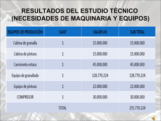 RESULTADOS DEL ESTUDIO TÉCNICO
(NECESIDADES DE MAQUINARIA Y EQUIPOS)
 