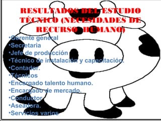 RESULTADOS DEL ESTUDIO
   TÉCNICO (NECESIDADES DE
      RECURSO HUMANO)
•Gerente general
•Secretaria
•Jefe de producción
•Técnico de instalación y capacitación.
•Contador.
•Técnicos
•Encargado talento humano.
•Encargado de mercado.
•Conductor
•Aseadora.
•Servicios varios
 