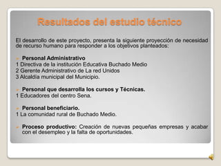 Resultados del estudio técnico
El desarrollo de este proyecto, presenta la siguiente proyección de necesidad
de recurso humano para responder a los objetivos planteados:
 Personal Administrativo
1 Directiva de la institución Educativa Buchado Medio
2 Gerente Administrativo de La red Unidos
3 Alcaldía municipal del Municipio.
 Personal que desarrolla los cursos y Técnicas.
1 Educadores del centro Sena.
 Personal beneficiario.
1 La comunidad rural de Buchado Medio.
 Proceso productivo: Creación de nuevas pequeñas empresas y acabar
con el desempleo y la falta de oportunidades.
 