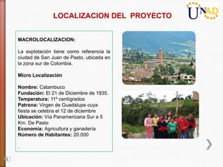 LOCALIZACION DEL PROYECTO


MACROLOCALIZACION:

La explotación tiene como referencia la
ciudad de San Juan de Pasto, ubicada en
la zona sur de Colombia.

Micro Localización

Nombre: Catambuco
Fundación: El 21 de Diciembre de 1935.
Temperatura: 11º centígrados
Patrona: Virgen de Guadalupe cuya
fiesta se celebra el 12 de diciembre
Ubicación: Vía Panamericana Sur a 5
Km. De Pasto
Economía: Agricultura y ganadería
Número de Habitantes: 20.000

.
 