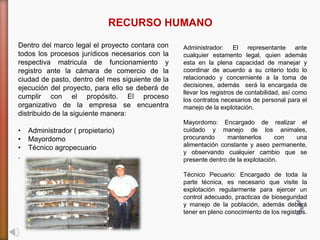 RECURSO HUMANO
Dentro del marco legal el proyecto contara con    Administrador: El representante ante
todos los procesos jurídicos necesarios con la    cualquier estamento legal, quien además
respectiva matricula de funcionamiento y          esta en la plena capacidad de manejar y
registro ante la cámara de comercio de la         coordinar de acuerdo a su criterio todo lo
ciudad de pasto, dentro del mes siguiente de la   relacionado y concerniente a la toma de
                                                  decisiones, además será la encargada de
ejecución del proyecto, para ello se deberá de
                                                  llevar los registros de contabilidad, así como
cumplir con el propósito. El proceso              los contratos necesarios de personal para el
organizativo de la empresa se encuentra           manejo de la explotación.
distribuido de la siguiente manera:
                                                  Mayordomo: Encargado de realizar el
•   Administrador ( propietario)                  cuidado y manejo de los animales,
•   Mayordomo                                     procurando     mantenerlos       con una
                                                  alimentación constante y aseo permanente,
•   Técnico agropecuario
                                                  y observando cualquier cambio que se
.                                                 presente dentro de la explotación.

                                                  Técnico Pecuario: Encargado de toda la
                                                  parte técnica, es necesario que visite la
                                                  explotación regularmente para ejercer un
                                                  control adecuado, practicas de bioseguridad
                                                  y manejo de la población, además deberá
                                                  tener en pleno conocimiento de los registros.
 