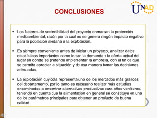 CONCLUSIONES


 Los factores de sostenibilidad del proyecto enmarcan la protección
  medioambiental, razón por la cual no se genera ningún impacto negativo
  para la población aledaña a la explotación.

 Es siempre conveniente antes de iniciar un proyecto, analizar datos
  estadísticos importantes como lo son la demanda y la oferta actual del
  lugar en donde se pretende implementar la empresa, con el fin de que
  se permita apreciar la situación y de esa manera tomar las decisiones
  adecuadas.

 La explotación cuyicola representa uno de los mercados más grandes
  del departamento, por lo tanto es necesario realizar más estudios
  encaminados a encontrar alternativas productivas para años venideros,
  teniendo en cuenta que la alimentación en general se constituye en una
  de los parámetros principales para obtener un producto de buena
  calidad.
 