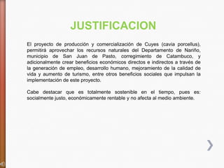 JUSTIFICACION
El proyecto de producción y comercialización de Cuyes (cavia porcellus),
permitirá aprovechar los recursos naturales del Departamento de Nariño,
municipio de San Juan de Pasto, corregimiento de Catambuco, y
adicionalmente crear beneficios económicos directos e indirectos a través de
la generación de empleo, desarrollo humano, mejoramiento de la calidad de
vida y aumento de turismo, entre otros beneficios sociales que impulsan la
implementación de este proyecto.

Cabe destacar que es totalmente sostenible en el tiempo, pues es:
socialmente justo, económicamente rentable y no afecta al medio ambiente.
 