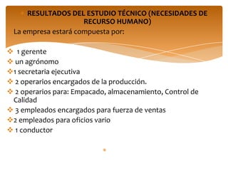 RESULTADOS DEL ESTUDIO TÉCNICO (NECESIDADES DE
                     RECURSO HUMANO)
 La empresa estará compuesta por:

 1 gerente
 un agrónomo
1 secretaria ejecutiva
 2 operarios encargados de la producción.
 2 operarios para: Empacado, almacenamiento, Control de
 Calidad
 3 empleados encargados para fuerza de ventas
2 empleados para oficios vario
 1 conductor
 