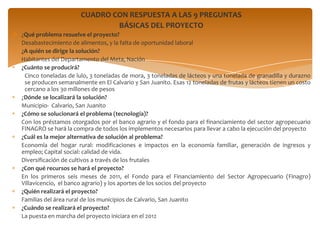 CUADRO CON RESPUESTA A LAS 9 PREGUNTAS
                                 BÁSICAS DEL PROYECTO
 ¿Qué problema resuelve el proyecto?
  Desabastecimiento de alimentos, y la falta de oportunidad laboral
  ¿A quién se dirige la solución?
  Habitantes del Departamento del Meta, Nación
  ¿Cuánto se producirá?
   Cinco toneladas de lulo, 3 toneladas de mora, 3 toneladas de lácteos y una tonelada de granadilla y durazno
   se producen semanalmente en El Calvario y San Juanito. Esas 12 toneladas de frutas y lácteos tienen un costo
   cercano a los 30 millones de pesos
  ¿Dónde se localizará la solución?
  Municipio- Calvario, San Juanito
  ¿Cómo se solucionará el problema (tecnología)?
  Con los préstamos otorgados por el banco agrario y el fondo para el financiamiento del sector agropecuario
  FINAGRO se hará la compra de todos los implementos necesarios para llevar a cabo la ejecución del proyecto
  ¿Cuál es la mejor alternativa de solución al problema?
  Economía del hogar rural: modificaciones e impactos en la economía familiar, generación de ingresos y
  empleo; Capital social: calidad de vida.
  Diversificación de cultivos a través de los frutales
  ¿Con qué recursos se hará el proyecto?
  En los primeros seis meses de 2011, el Fondo para el Financiamiento del Sector Agropecuario (Finagro)
  Villavicencio, el banco agrario) y los aportes de los socios del proyecto
  ¿Quién realizará el proyecto?
  Familias del área rural de los municipios de Calvario, San Juanito
  ¿Cuándo se realizará el proyecto?
  La puesta en marcha del proyecto iniciara en el 2012
 