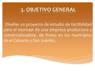 3. OBJETIVO GENERAL

•Diseñar un proyecto de estudio de factibilidad
para el montaje de una empresa productora y
comercializadora de frutas en los municipios
de el Calvario y San Juanito.
 