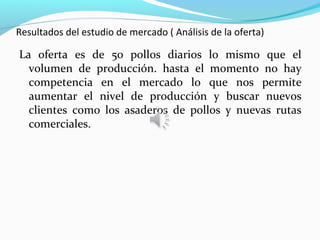 Resultados del estudio de mercado ( Análisis de la oferta)

La oferta es de 50 pollos diarios lo mismo que el
  volumen de producción. hasta el momento no hay
  competencia en el mercado lo que nos permite
  aumentar el nivel de producción y buscar nuevos
  clientes como los asaderos de pollos y nuevas rutas
  comerciales.
 