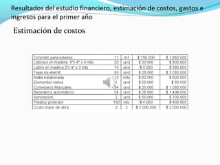 Resultados del estudio financiero, estimación de costos, gastos e
ingresos para el primer año
Estimación de costos
 