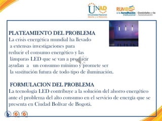 PLATEAMIENTO DEL PROBLEMA
La crisis energética mundial ha llevado
a extensas investigaciones para
reducir el consumo energético y las
lámparas LED que se van a producir
ayudan a un consumo mínimo y promete ser
la sustitución futura de todo tipo de iluminación.
FORMULACION DEL PROBLEMA
La tecnología LED contribuye a la solución del ahorro energético
ante el problema del alto consumo en el servicio de energía que se
presenta en Ciudad Bolívar de Bogotá.

 
