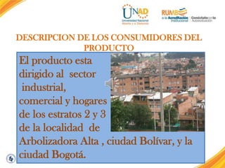 DESCRIPCION DE LOS CONSUMIDORES DEL
PRODUCTO

El producto esta
dirigido al sector
industrial,
comercial y hogares
de los estratos 2 y 3
de la localidad de
Arbolizadora Alta , ciudad Bolívar, y la
ciudad Bogotá.

 