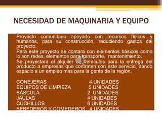NECESIDAD DE MAQUINARIA Y EQUIPO
• Proyecto comunitario apoyado con recursos físicos y
humanos, para su construcción, reduciendo gastos del
proyecto.
• Para este proyecto se contara con elementos básicos como
lo son redes, elementos para transporte, mantenimiento.
• Se proyectara el alquiler de vehículos para la entrega del
producto a empresas que contraten con este servicio, dando
espacio a un empleo mas para la gente de la región.
•
•
•
•
•
•

CONEJERAS
EQUIPOS DE LIMPIEZA
BÁSCULA
JAULAS
CUCHILLOS
BEBEDEROS Y COMEDEROS

4 UNIDADES
5 UNIDADES
2 UNIDADES
4 UNIDADES
6 UNIDADES
4 UNIDADES

 