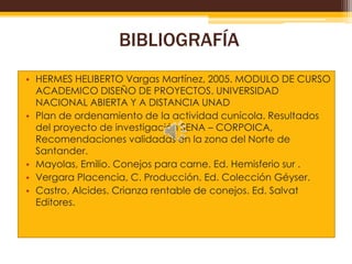 BIBLIOGRAFÍA
• HERMES HELIBERTO Vargas Martínez, 2005. MODULO DE CURSO
ACADEMICO DISEÑO DE PROYECTOS. UNIVERSIDAD
NACIONAL ABIERTA Y A DISTANCIA UNAD
• Plan de ordenamiento de la actividad cunícola. Resultados
del proyecto de investigación SENA – CORPOICA,
Recomendaciones validadas en la zona del Norte de
Santander.
• Mayolas, Emilio. Conejos para carne. Ed. Hemisferio sur .
• Vergara Placencia, C. Producción. Ed. Colección Géyser.
• Castro, Alcides. Crianza rentable de conejos. Ed. Salvat
Editores.

 