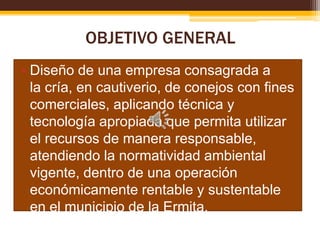 OBJETIVO GENERAL
• Diseño de una empresa consagrada a
la cría, en cautiverio, de conejos con fines
comerciales, aplicando técnica y
tecnología apropiada que permita utilizar
el recursos de manera responsable,
atendiendo la normatividad ambiental
vigente, dentro de una operación
económicamente rentable y sustentable
en el municipio de la Ermita.

 