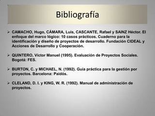 Bibliografía
 CAMACHO, Hugo, CÁMARA, Luis, CASCANTE, Rafael y SAINZ Héctor. El
  enfoque del marco lógico: 10 casos prácticos. Cuaderno para la
  identificación y diseño de proyectos de desarrollo. Fundación CIDEAL y
  Acciones de Desarrollo y Cooperación.

 QUINTERO, Víctor Manuel (1995). Evaluación de Proyectos Sociales.
  Bogotá: FES.

 BURTON, C. y MICHAEL, N. (1992). Guía práctica para la gestión por
  proyectos. Barcelona: Paidós.

 CLELAND, D. I. y KING, W. R. (1992). Manual de administración de
  proyectos.
 