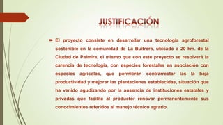  El proyecto consiste en desarrollar una tecnología agroforestal
sostenible en la comunidad de La Buitrera, ubicado a 20 km. de la
Ciudad de Palmira, el mismo que con este proyecto se resolverá la
carencia de tecnología, con especies forestales en asociación con

especies

agrícolas,

que

permitirán

contrarrestar

las la

baja

productividad y mejorar las plantaciones establecidas, situación que
ha venido agudizando por la ausencia de instituciones estatales y
privadas que facilite al productor renovar permanentemente sus
conocimientos referidos al manejo técnico agrario.

 