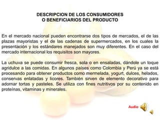 DESCRIPCION DE LOS CONSUMIDORES
O BENEFICIARIOS DEL PRODUCTO
En el mercado nacional pueden encontrarse dos tipos de mercados, el de las
plazas mayoristas y el de las cadenas de supermercados, en los cuales la
presentación y los estándares manejados son muy diferentes. En el caso del
mercado internacional los requisitos son mayores.
La uchuva se puede consumir fresca, sola o en ensaladas, dándole un toque
agridulce a las comidas. En algunos países como Colombia y Perú ya se está
procesando para obtener productos como mermelada, yogurt, dulces, helados,
conservas enlatadas y licores. También sirven de elemento decorativo para
adornar tortas y pasteles. Se utiliza con fines nutritivos por su contenido en
proteínas, vitaminas y minerales.
Audio
 