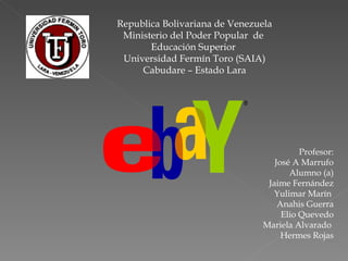 Republica Bolivariana de Venezuela Ministerio del Poder Popular  de  Educación Superior  Universidad Fermín Toro (SAIA) Cabudare – Estado Lara Profesor: José A Marrufo Alumno (a) Jaime Fernández Yulimar Marín  Anahis Guerra Elio Quevedo Mariela Alvarado  Hermes Rojas 