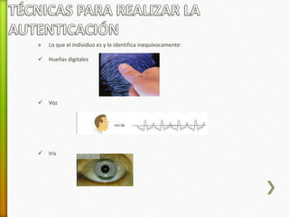 » Lo que el individuo es y lo identifica inequívocamente: 
 Huellas digitales 
 Voz 
 Iris 
 