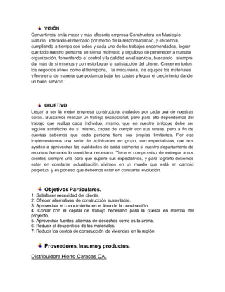 VISIÓN
Convertirnos en la mejor y más eficiente empresa Constructora en Municipio
Maturín, liderando el mercado por medio de la responsabilidad, y eficiencia,
cumpliendo a tiempo con todos y cada uno de los trabajos encomendados, lograr
que todo nuestro personal se sienta motivado y orgulloso de pertenecer a nuestra
organización, fomentando el control y la calidad en el servicio, buscando siempre
dar más de sí mismos y con esto lograr la satisfacción del cliente. Crecer en todos
los negocios afines como el transporte, la maquinaria, los equipos los materiales
y ferretería de manera que podamos bajar los costos y lograr el crecimiento dando
un buen servicio.
OBJETIVO
Llegar a ser la mejor empresa constructora, avalados por cada una de nuestras
obras. Buscamos realizar un trabajo excepcional, pero para ello dependemos del
trabajo que realiza cada individuo, mismo, que en nuestro enfoque debe ser
alguien satisfecho de sí mismo, capaz de cumplir con sus tareas, pero a fin de
cuentas sabemos que cada persona tiene sus propias limitantes. Por eso
implementamos una serie de actividades en grupo, con especialistas, que nos
ayuden a aprovechar las cualidades de cada elemento si nuestro departamento de
recursos humanos lo considera necesario. Tiene el compromiso de entregar a sus
clientes siempre una obra que supere sus expectativas, y para lograrlo debemos
estar en constante actualización. Vivimos en un mundo que está en cambio
perpetuo, y es por eso que debemos estar en constante evolución.
Objetivos Particulares.
1. Satisfacer necesidad del cliente.
2. Ofrecer alternativas de construcción sustentable.
3. Aprovechar el conocimiento en el área de la construcción.
4. Contar con el capital de trabajo necesario para la puesta en marcha del
proyecto.
5. Aprovechar fuentes alternas de desechos como es la arena.
6. Reducir el desperdicio de los materiales.
7. Reducir los costos de construcción de viviendas en la región
Proveedores,Insumo y productos.
Distribuidora Hierro Caracas CA.
 