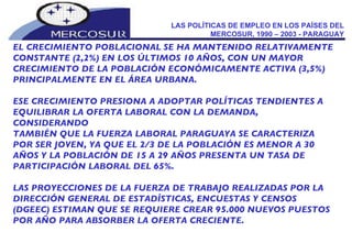 LAS POLÍTICAS DE EMPLEO EN LOS PAÍSES DEL MERCOSUR, 1990 – 2003 - PARAGUAY EL CRECIMIENTO POBLACIONAL SE HA MANTENIDO RELATIVAMENTE CONSTANTE (2,2%) EN LOS ÚLTIMOS 10 AÑOS, CON UN MAYOR CRECIMIENTO DE LA POBLACIÓN ECONÓMICAMENTE ACTIVA (3,5%) PRINCIPALMENTE EN EL ÁREA URBANA.  ESE CRECIMIENTO PRESIONA A ADOPTAR POLÍTICAS TENDIENTES A EQUILIBRAR LA OFERTA LABORAL CON LA DEMANDA, CONSIDERANDO TAMBIÉN QUE LA FUERZA LABORAL PARAGUAYA SE CARACTERIZA POR SER JOVEN, YA QUE EL 2/3 DE LA POBLACIÓN ES MENOR A 30 AÑOS Y LA POBLACIÓN DE 15 A 29 AÑOS PRESENTA UN TASA DE PARTICIPACIÓN LABORAL DEL 65%. LAS PROYECCIONES DE LA FUERZA DE TRABAJO REALIZADAS POR LA DIRECCIÓN GENERAL DE ESTADÍSTICAS, ENCUESTAS Y CENSOS (DGEEC) ESTIMAN QUE SE REQUIERE CREAR 95.000 NUEVOS PUESTOS POR AÑO PARA ABSORBER LA OFERTA CRECIENTE. 