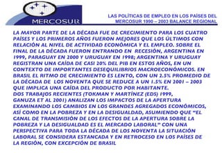 LAS POLÍTICAS DE EMPLEO EN LOS PAÍSES DEL MERCOSUR 1990 – 2003 BALANCE REGIONAL LA MAYOR PARTE DE LA DÉCADA FUE DE CRECIMIENTO PARA LOS CUATRO PAÍSES Y LOS PRIMEROS AÑOS FUERON MEJORES QUE LOS ÚLTIMOS CON RELACIÓN AL NIVEL DE ACTIVIDAD ECONÓMICA Y EL EMPLEO. SOBRE EL FINAL DE LA DÉCADA FUERON ENTRANDO EN  RECESIÓN, ARGENTINA EN 1999, PARAGUAY EN 2000 Y URUGUAY EN 1998; ARGENTINA Y URUGUAY REGISTRAN UNA CAÍDA DE CASI 20% DEL PIB EN ESTOS AÑOS, EN UN CONTEXTO DE IMPORTANTES DESEQUILIBRIOS MACROECONÓMICOS. EN BRASIL EL RITMO DE CRECIMIENTO ES LENTO, CON UN 2.5% PROMEDIO DE  LA DÉCADA DE  LOS NOVENTA QUE SE REDUCE A UN 1.5% EN 2001 – 2003  QUE IMPLICA UNA CAÍDA DEL PRODUCTO POR HABITANTE. DOS TRABAJOS RECIENTES (TOKMAN Y MARTÍNEZ (EDS) 1999, GANUZA ET AL 2001) ANALIZAN LOS IMPACTOS DE LA APERTURA EXAMINANDO LOS CAMBIOS EN LOS GRANDES AGREGADOS ECONÓMICOS, ASÍ COMO EN LA POBREZA Y EN LA DESIGUALDAD, ASUMIENDO QUE “EL CANAL DE TRANSMISIÓN DE LOS EFECTOS DE LA APERTURA SOBRE LA POBREZA Y LA DESIGUALDAD ES EL MERCADO LABORAL” CON UNA PERSPECTIVA PARA TODA LA DÉCADA DE LOS NOVENTA LA SITUACIÓN LABORAL SE CONSIDERA ESTANCADA Y EN RETROCESO EN LOS PAÍSES DE LA REGIÓN, CON EXCEPCIÓN DE BRASIL 
