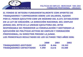 POLÍTICAS DE EMPLEO - MERCOSUR  1990–2003  FORMACION PROFESIONAL – URUGUAY  EL FONDO SE INTEGRA FUNDAMENTALMENTE CON APORTES DE TRABAJADORES Y EMPRESARIOS SOBRE LOS SALARIOS, FIJADOS  POR EL PODER EJECUTIVO CON UN MÁXIMO DEL 0.25% ESTABLECIDO EN LA LEY DE CREACIÓN. LA DIRECCIÓN NACIONAL DEL EMPLEO (DINAE) DEL MTSS ES LA UNIDAD EJECUTORA DEL MTSS RESPONSABLE DE PROMOVER LA FORMULACIÓN Y GESTIONAR LA EJECUCIÓN DE POLÍTICAS ACTIVAS DE EMPLEO Y FORMACIÓN PROFESIONAL; SU DIRECTOR PRESIDE LA JUNAE. LOS PRINCIPALES RESULTADOS DE LOS ÚLTIMOS TRES AÑOS SON: 2000  2001  2002  TRABAJADORES ASISTIDOS  14.850  8.446  18.343 TRABAJADORES CAPACITADOS  7.590  4.616  10.400 