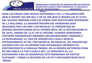 PROGRAMAS PÚBLICOS DE GENERACIÓN DE EMPLEO INCENTIVOS LEGALES PARA PROMOVER LA CONTRATA_ CIÓN DE TRABAJADORES -  MERCOSUR -  BRASIL PARA LAS FIRMAS CON VENTAS SUPERIORES A R$ 1,2 MILLONES/AÑO (MAS O MENOS U$S 400 MIL) Y DE R$ 200 (MAS O MENOS U$S 67 O 83% DEL SALARIO MÍNIMO) PARA LAS FIRMAS CON VENTAS/AÑO INFERIORES R$ 1,2 MILLONES.   LA ADMINISTRACIÓN DEL PROGRAMA SERÁ REALIZADA POR LOS SINE´S ESTADUALES. EL PORCENTAJE DE JÓVENES DESEMPLEADOS EN EL PRIMER DECIL DE LA DISTRIBUCIÓN ES DE 20,9%, SIENDO DE 12,3% EN EL DÉCIMO. CUANDO AGREGAMOS FACTORES GEOGRÁFICOS (GRANDES AGLOMERACIONES URBANAS) Y LA ESCOLARIDAD, LA TASA DE DESEMPLEO LLEGA A NIVELES EXTREMAMENTE ALTOS. POR EJEMPLO, EN BRASILIA, ESE PORCENTAJE ALCANZA CASI 53% EN JÓVENES CON SECUNDARIA INCOMPLETA PERTENECIENTES A FAMILIAS POBRES. EN LA REGIÓN METROPOLITANA DE SAN PABLO LA TASA LLEGA A 49%. LA PREGUNTA ES: ¿LA ELEVADÍSIMA TASA DE DESEMPLEO ESTÁ ORIGINADA EN COSTOS ELEVADOS? / COMO LA MAYORÍA DE LAS PE´S IMPLEMENTADAS EN EL BRASIL,  