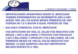 IMPORTACIONES ARGENTINAS DESDE EL MERCOSUR  TAMBIÉN EXPERIMENTAN UN INCREMENTO AÑO A AÑO DESDE 1993, EN LOS NUEVE MESES PRIMEROS DE 1993 FUERON UN 7,9 % MAYOR A IGUAL PERÍODO DE 1992. BALANZA COMERCIAL CON EL MERCOSUR FUE DEFICITARIO EN 1992, EL SALDO FUE NEGATIVO CON BRASIL (-1667,4 MILLONES) Y POSITIVO CON PARAGUAY (+207,2 MILLONES) Y URUGUAY (+32,4 MILLONES). EN LOS PRIMEROS MESES DE 1993 EL SALDO NEGATIVO FUE MENOR, LO QUE SIGNIFICA UNA MUY IMPORTANTE MEJORA RESPECTO A 1992. 4. ANÁLISIS Y EVALUACIÓN – 7º PARTE 