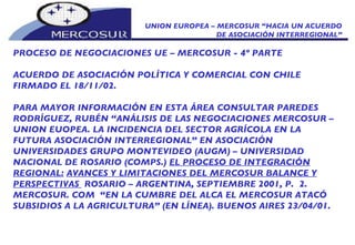 UNION EUROPEA – MERCOSUR “HACIA UN ACUERDO DE ASOCIACIÓN INTERREGIONAL” PROCESO DE NEGOCIACIONES UE – MERCOSUR - 4º PARTE ACUERDO DE ASOCIACIÓN POLÍTICA Y COMERCIAL CON CHILE  FIRMADO EL 18/11/02. P ARA MAYOR INFORMACIÓN EN ESTA ÁREA CONSULTAR PAREDES RODRÍGUEZ, RUBÉN “ANÁLISIS DE LAS NEGOCIACIONES MERCOSUR – UNION EUOPEA. LA INCIDENCIA DEL SECTOR AGRÍCOLA EN LA FUTURA ASOCIACIÓN INTERREGIONAL” EN ASOCIACIÓN UNIVERSIDADES GRUPO MONTEVIDEO (AUGM) – UNIVERSIDAD NACIONAL DE ROSARIO (COMPS.)  EL PROCESO DE INTEGRACIÓN REGIONAL:   AVANCES Y LIMITACIONES DEL MERCOSUR BALANCE Y PERSPECTIVAS  ROSARIO – ARGENTINA, SEPTIEMBRE 2001, P.  2. MERCOSUR. COM  “EN LA CUMBRE DEL ALCA EL MERCOSUR ATACÓ SUBSIDIOS A LA AGRICULTURA” (EN LÍNEA). BUENOS AIRES 23/04/01. 