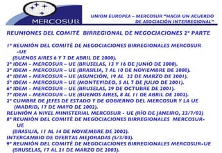 UNION EUROPEA – MERCOSUR “HACIA UN ACUERDO DE ASOCIACIÓN INTERREGIONAL” REUNIONES DEL COMITÉ  BIRREGIONAL DE NEGOCIACIONES 2º PARTE 1º REUNIÓN DEL COMITÉ DE NEGOCIACIONES BIRREGIONALES MERCOSUR -UE (BUENOS AIRES 6 Y 7 DE ABRIL DE 2000). 2º IDEM - MERCOSUR – UE (BRUSELAS, 13 Y 16 DE JUNIO DE 2000). 3º IDEM - MERCOSUR – UE (BRASILIA, 7 AL 10 DE NOVIEMBRE DE 2000). 4º IDEM - MERCOSUR – UE (ASUNCIÓN, 19 AL  22 DE MARZO DE 2001). 5º IDEM - MERCOSUR – UE (MONTEVIDEO, 5 AL 7 DE JULIO DE 2001). 6º IDEM - MERCOSUR – UE (BRUSELAS, 29 DE OCTUBRE DE 2001). 7º IDEM - MERCOSUR – UE (BUENOS AIRES, 8 AL 11 DE ABRIL DE 2002). 2º CUMBRE DE JEFES DE ESTADO Y DE GOBIERNO DEL MERCOSUR Y LA UE (MADRID, 17 DE MAYO DE 2002). REUNIÓN A NIVEL MINISTERIAL MERCOSUR - UE (RÍO DE JANEIRO, 23/7/02) 8º REUNIÓN DEL COMITÉ DE NEGOCIACIONES BIRREGIONALES  MERCOSUR-UE (BRASILIA, 11 AL 14 DE NOVIEMBRE DE 2002). INTERCAMBIO DE OFERTAS MEJORADAS (5/3/03). 9º REUNIÓN DEL COMITÉ DE NEGOCIACIONES BIRREGIONALES MERCOSUR-UE (BRUSELAS, 17 AL 21 DE MARZO DE 2003). 