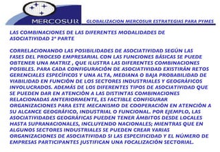 GLOBALIZACION MERCOSUR ESTRATEGIAS PARA PYMES  LAS COMBINACIONES DE LAS DIFERENTES MODALIDADES DE  ASOCIATIVIDAD 2º PARTE  CORRELACIONANDO LAS POSIBILIDADES DE ASOCIATIVIDAD SEGÚN LAS FASES DEL PROCESO EMPRESARIAL CON LAS FUNCIONES BÁSICAS SE PUEDE OBTENER UNA MATRIZ , QUE ILUSTRA LAS DIFERENTES COMBINACIONES POSIBLES. PARA CADA CONFIGURACIÓN DE ASOCIATIVIDAD EXISTIRÁN RETOS GERENCIALES ESPECÍFICOS Y UNA ALTA, MEDIANA O BAJA PROBABILIDAD DE VIABILIDAD EN FUNCIÓN DE LOS SECTORES INDUSTRIALES Y GEOGRÁFICOS INVOLUCRADOS. ADEMÁS DE LOS DIFERENTES TIPOS DE ASOCIATIVIDAD QUE SE PUEDEN DAR EN ATENCIÓN A LAS DISTINTAS COMBINACIONES RELACIONADAS ANTERIORMENTE, ES FACTIBLE CONFIGURAR ORGANIZACIONES PARA ESTE MECANISMO DE COOPERACIÓN EN ATENCIÓN A SU ALCANCE GEOGRÁFICO, INDUSTRIAL O FUNCIONAL. POR EJEMPLO, LAS ASOCIATIVIDADES GEOGRÁFICAS PUEDEN TENER ÁMBITOS DESDE LOCALES HASTA SUPRANACIONALES, INCLUYENDO NACIONALES; MIENTRAS QUE EN ALGUNOS SECTORES INDUSTRIALES SE PUEDEN CREAR VARIAS  ORGANIZACIONES DE ASOCIATIVIDAD SI LAS ESPECIFICIDAD Y EL NÚMERO DE EMPRESAS PARTICIPANTES JUSTIFICAN UNA FOCALIZACIÓN SECTORIAL.  