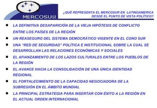 LA DEFINITIVA DESAPARICIÓN DE LA VIEJA HIPÓTESIS DE CONFLICTO  ENTRE LOS PAÍSES DE LA REGIÓN UN REASEGURO DEL SISTEMA DEMOCRÁTICO VIGENTE EN EL CONO SUR UNA “RED DE SEGURIDAD” POLÍTICA E INSTITUCIONAL SOBRE LA CUAL SE DESARROLLAN LAS RELACIONES ECONÓMICAS Y SOCIALES EL AFIANZAMIENTO DE LOS LAZOS CULTURALES ENTRE LOS PUEBLOS DE LA REGIÓN EL AVANCE HACIA LA CONSOLIDACIÓN DE UNA ÚNICA IDENTIDAD REGIONAL EL FORTALECIMIENTO DE LA CAPACIDAD NEGOCIADORA DE LA SUBREGIÓN EN EL ÁMBITO MUNDIAL LA PRINCIPAL ESTRATEGIA PARA INSERTAR CON ÉXITO A LA REGIÓN EN EL ACTUAL ORDEN INTERNACIONAL ¿QUÉ REPRESENTA EL MERCOSUR EN  LATINOAMERICA  DESDE EL PUNTO DE VISTA POLÍTICO? 