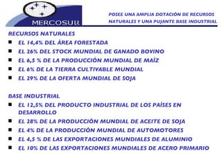 RECURSOS NATURALES EL 14,4% DEL ÁREA FORESTADA EL 26% DEL STOCK MUNDIAL DE GANADO BOVINO EL 6,5 % DE LA PRODUCCIÓN MUNDIAL DE MAÍZ EL 6% DE LA TIERRA CULTIVABLE MUNDIAL EL 29% DE LA OFERTA MUNDIAL DE SOJA BASE INDUSTRIAL EL 12,5% DEL PRODUCTO INDUSTRIAL DE LOS PAÍSES EN DESARROLLO EL 28% DE LA PRODUCCIÓN MUNDIAL DE ACEITE DE SOJA EL 4% DE LA PRODUCCIÓN MUNDIAL DE AUTOMOTORES EL 4,5 % DE LAS EXPORTACIONES MUNDIALES DE ALUMINIO EL 10% DE LAS EXPORTACIONES MUNDIALES DE ACERO PRIMARIO POSEE UNA AMPLIA DOTACIÓN DE RECURSOS NATURALES Y UNA PUJANTE BASE INDUSTRIAL 
