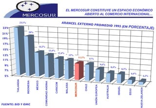 TAILANDIA INDONESIA MÉXICO COMUNIDAD ANDINA CARICOM MALASIA MERCOSUR CHILE UNIÓN EUROPEA   AUSTRALIA ISRAEL EEUU NUEVA ZELANDA 5% 7% 9% 11% 13% 15% 17% 19% 21% 23% ARANCEL EXTERNO PROMEDIO 1995 (EN  PORCENTAJE ) FUENTE: BID Y OMC EL MERCOSUR CONSTITUYE UN ESPACIO ECONÓMICO ABIERTO AL COMERCIO INTERNACIONAL... 23,1% 20% 14,2% 13,4% 12,4% 12% 11,1% 11% 9,6% 8,4% 8,3% 6,6% 6,2% 